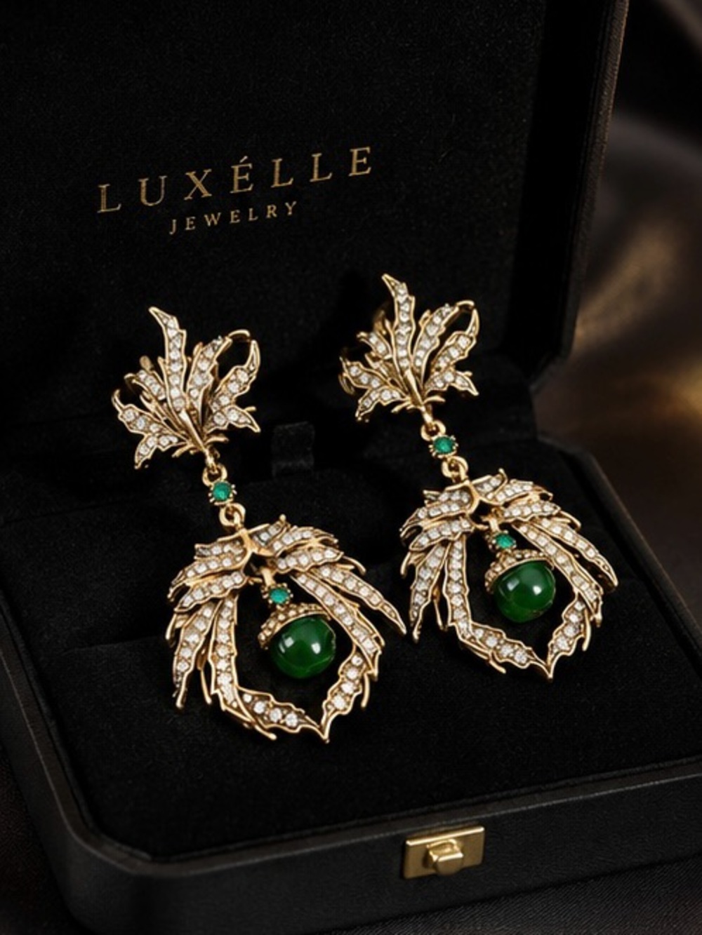 Emerald Green Gemstone Gold Floral Crystal Earrings